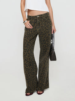 back view of model wearing Princess Polly Briony Low Rise Wide Leg Jean Leopard Mid Rise Jeans Jeans 