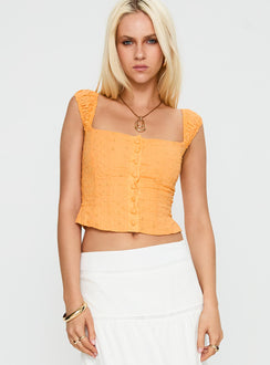 front view of model wearing Princess Polly Lyncher Top Orange Short Sleeves Square Neck 
