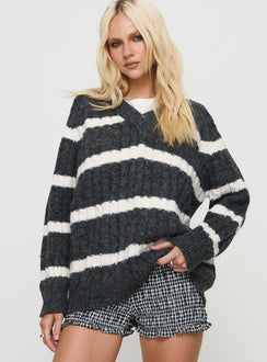 front view of model wearing Princess Polly Percivill Knit Sweater Grey / Cream Longline Jumpers Jumpers 