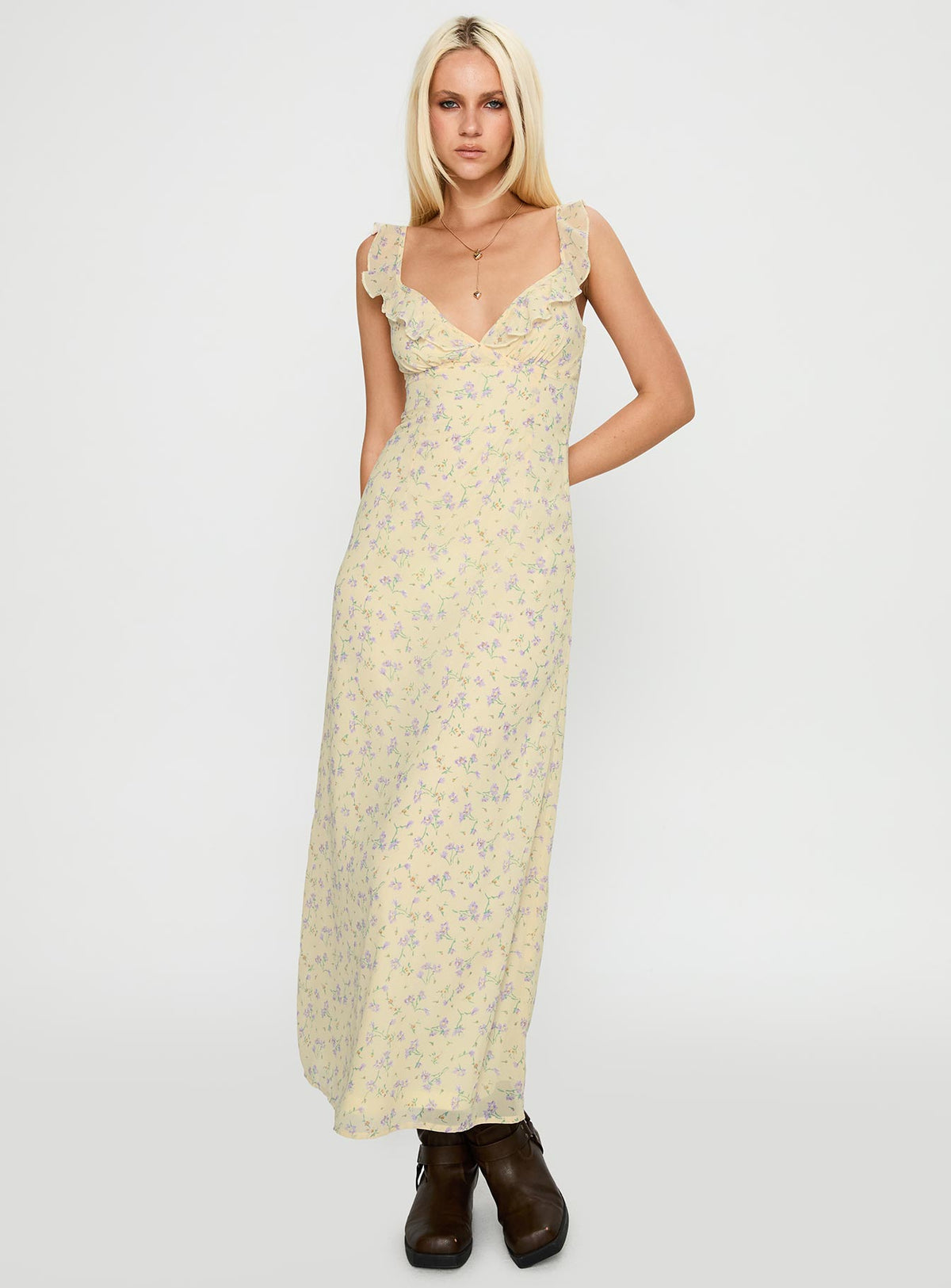 front view of model wearing Princess Polly Jayne Frill Maxi Dress Multi Plunger 