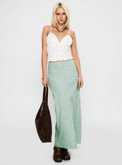   side view of model wearing Princess Polly Macadamia Maxi Skirt Green / White Maxi Skirts Skirts 