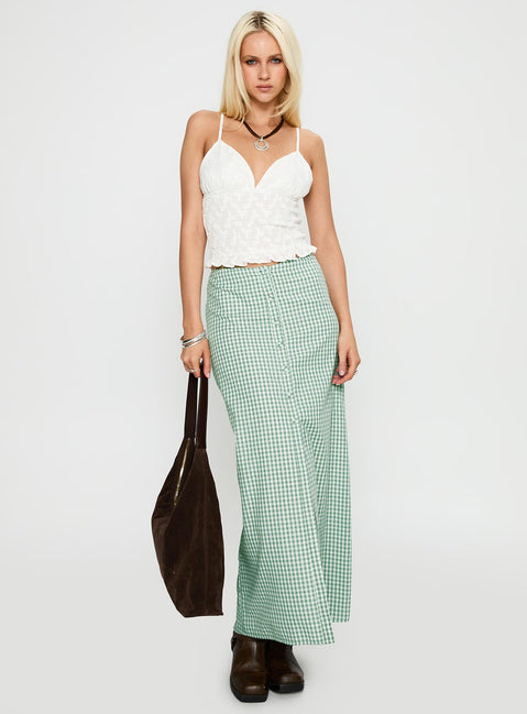   side view of model wearing Princess Polly Macadamia Maxi Skirt Green / White Maxi Skirts Skirts 