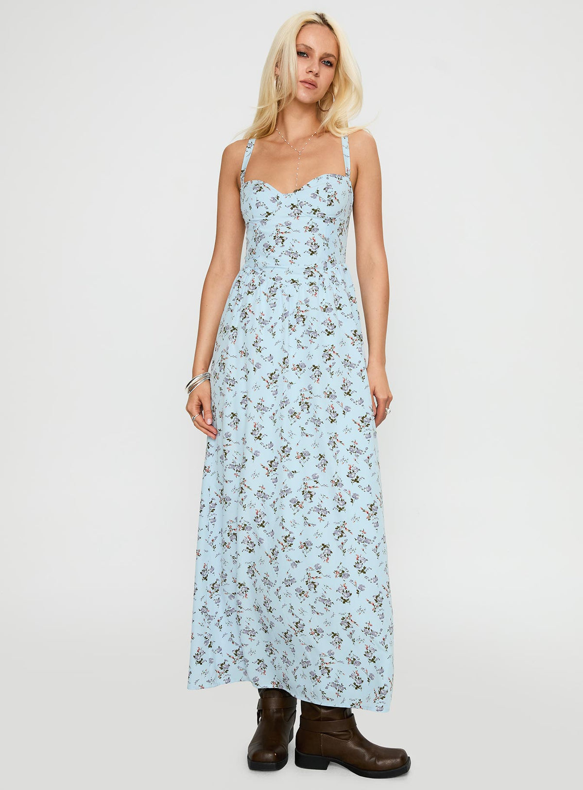 front view of model wearing Princess Polly Izebella Maxi Dress Blue Floral Sweetheart Neckline 