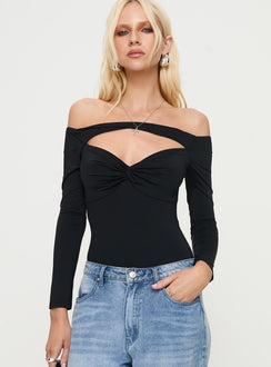front view of model wearing Princess Polly Bleue Long Sleeve Bodysuit Black Long Sleeve Tops Bodysuit 