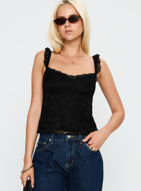 front view of model wearing Princess Polly Madaleine Lace Top Black Sleeveless Scoop Neck 