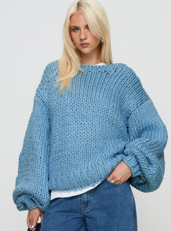 front view of model wearing Princess Polly Arrowtown Hand Knit Sweater Blue Longline Jumpers Jumpers 