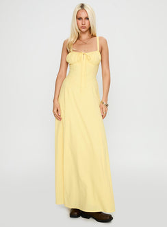 front view of model wearing Princess Polly Leticia Maxi Dress Lemon Sweetheart Neckline 