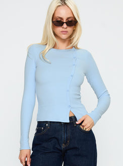 front view of model wearing Princess Polly Passoni Long Sleeve Top Blue Full Sleeves Crew Neck 