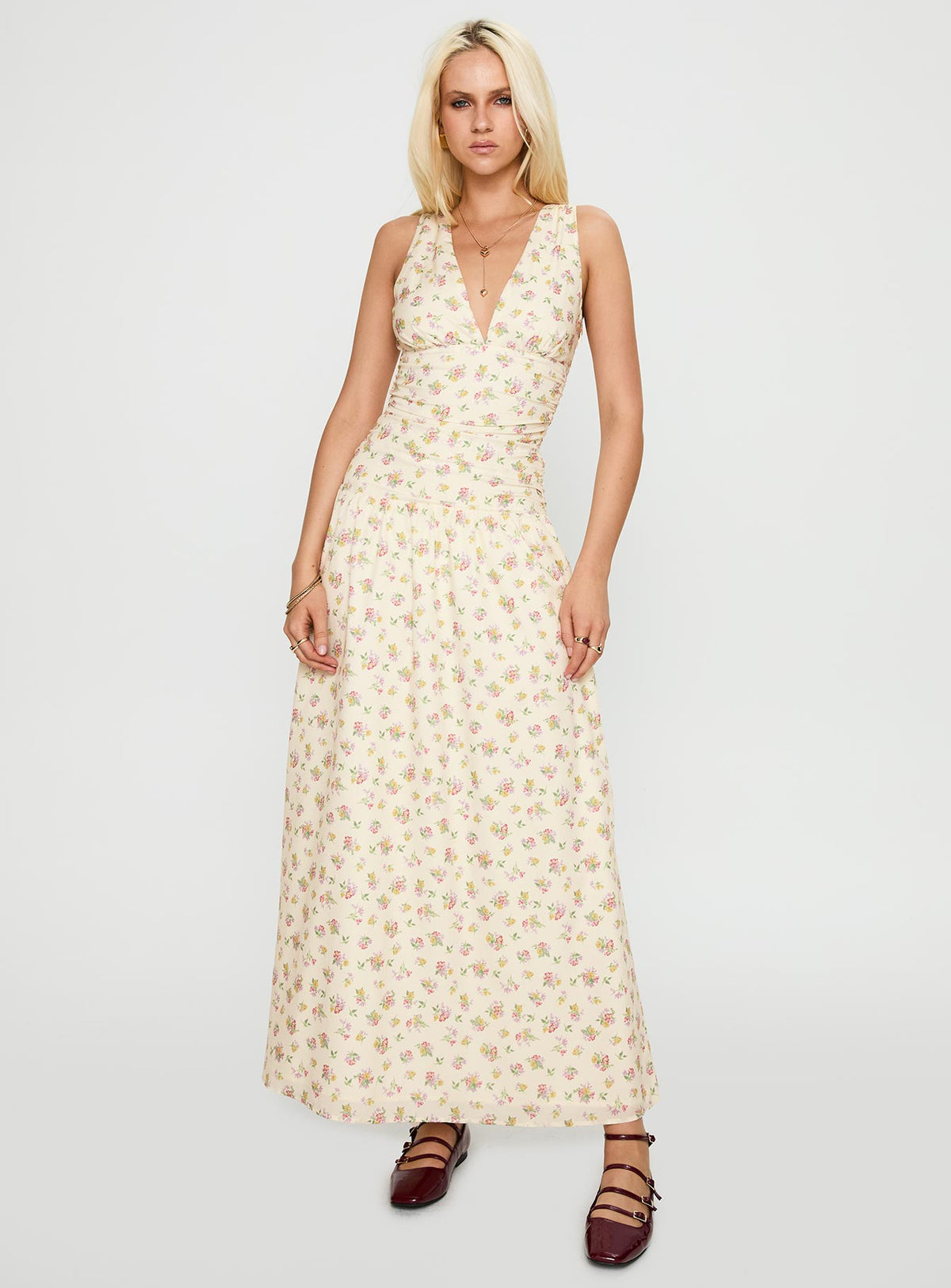 side view of model wearing Princess Polly Esthie Maxi Dress Multi Floral V-Neck 