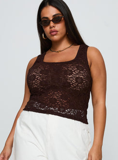 back view of model wearing Princess Polly Bennington Lace Top Brown Curve Sleeveless Square Neck 
