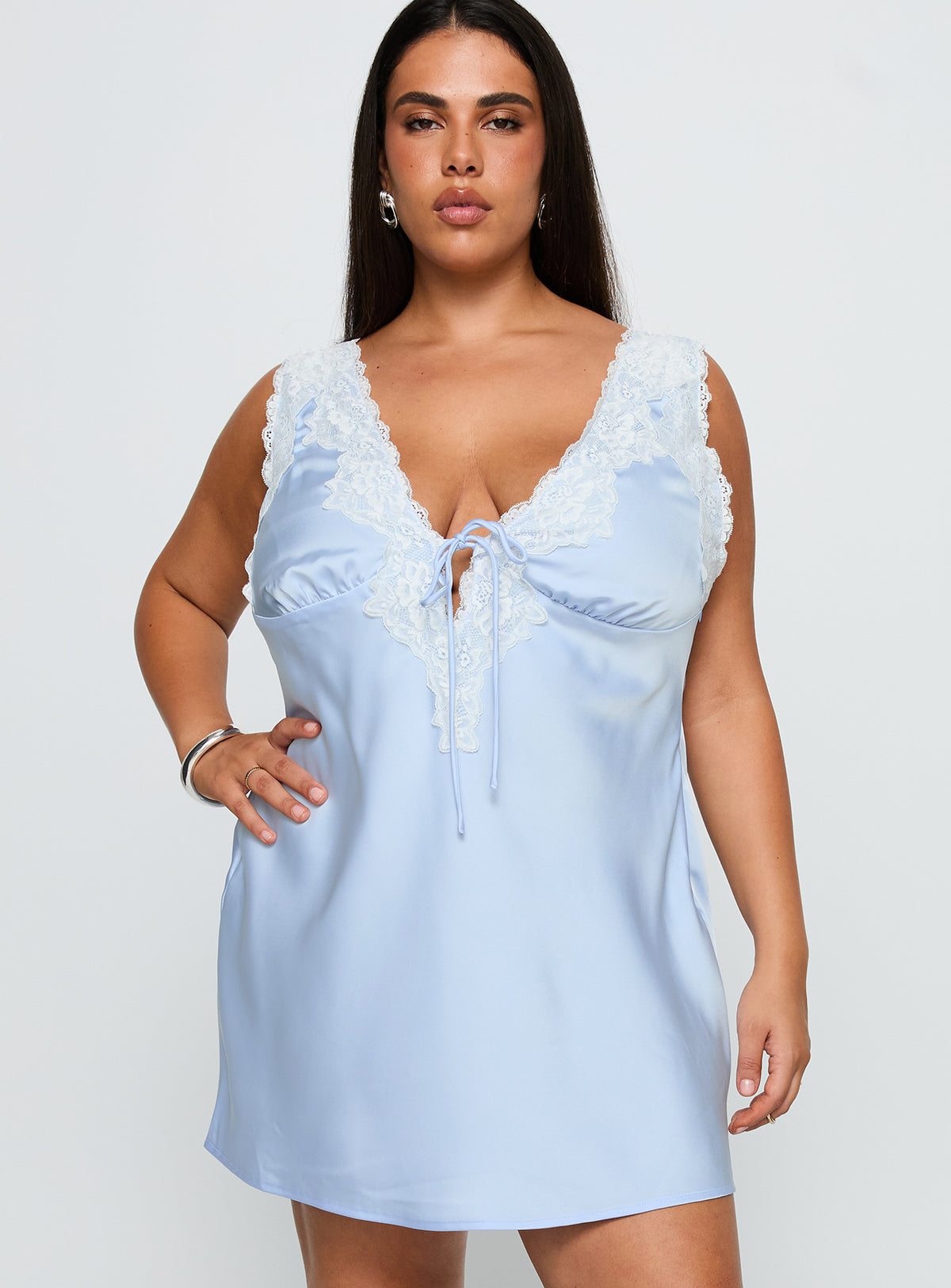 front view of model wearing Princess Polly Nourish Mini Dress Blue Curve Plunger 