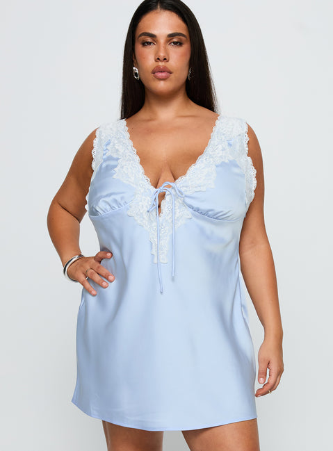 front view of model wearing Princess Polly Nourish Mini Dress Blue Curve Plunger 