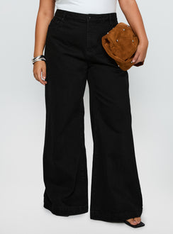 front view of model wearing Princess Polly Goldie High Rise Wide Leg Jeans True Black Curve High Rise Jeans Jeans 