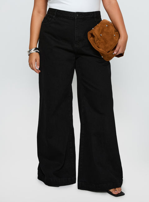 front view of model wearing Princess Polly Goldie High Rise Wide Leg Jeans True Black Curve High Rise Jeans Jeans 