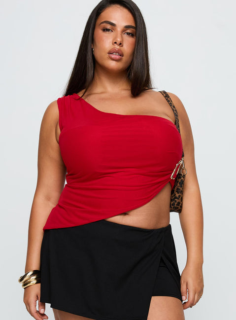 front view of model wearing Princess Polly Machiatto One Shoulder Top Red Curve Sleeveless Asymmetric Neckline 