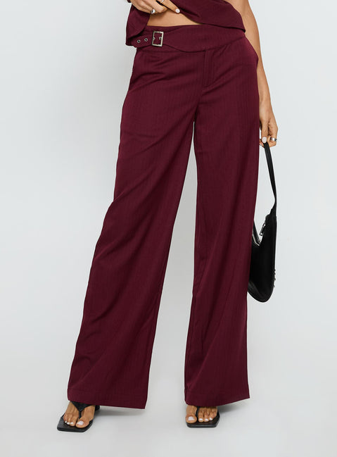 side view of model wearing Princess Polly Jinny Relaxed Buckle Tailored Pants Berry Pinstripe Low Rise Pants Pants 