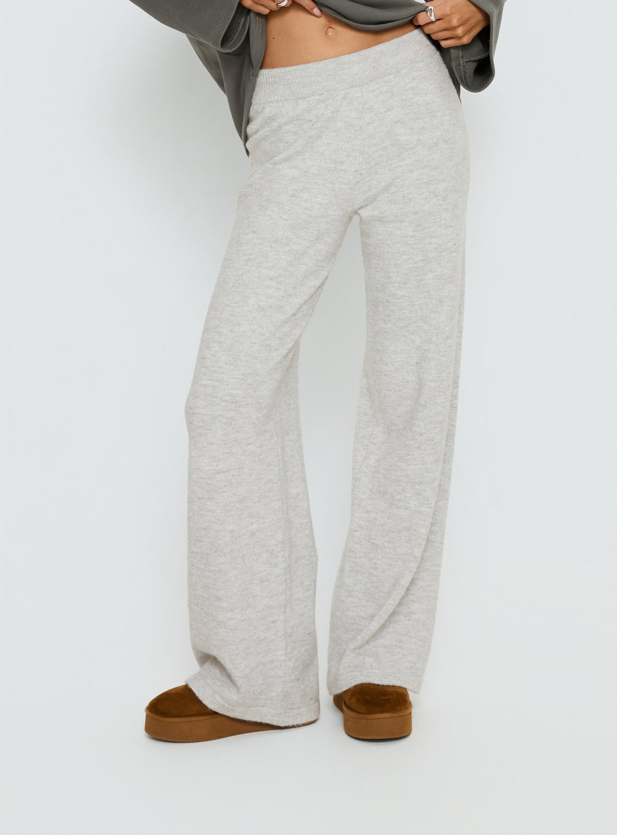side view of model wearing Princess Polly Bekki Wide Leg Knit Pant Grey Marle High Rise Pants Pants 