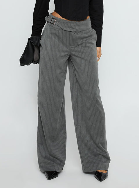 side view of model wearing Princess Polly Jinny Relaxed Buckle Tailored Pants Grey Pinstripe Low Rise Pants Pants 