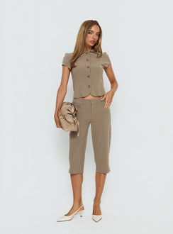front view of model wearing Princess Polly Tunian Capri Tailored Pants Taupe Mid Rise Pants Pants 