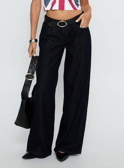 side view of model wearing Princess Polly Ramos Low Rise Wide Leg Jeans Raw Indigo Blue Low Rise Jeans Jeans 