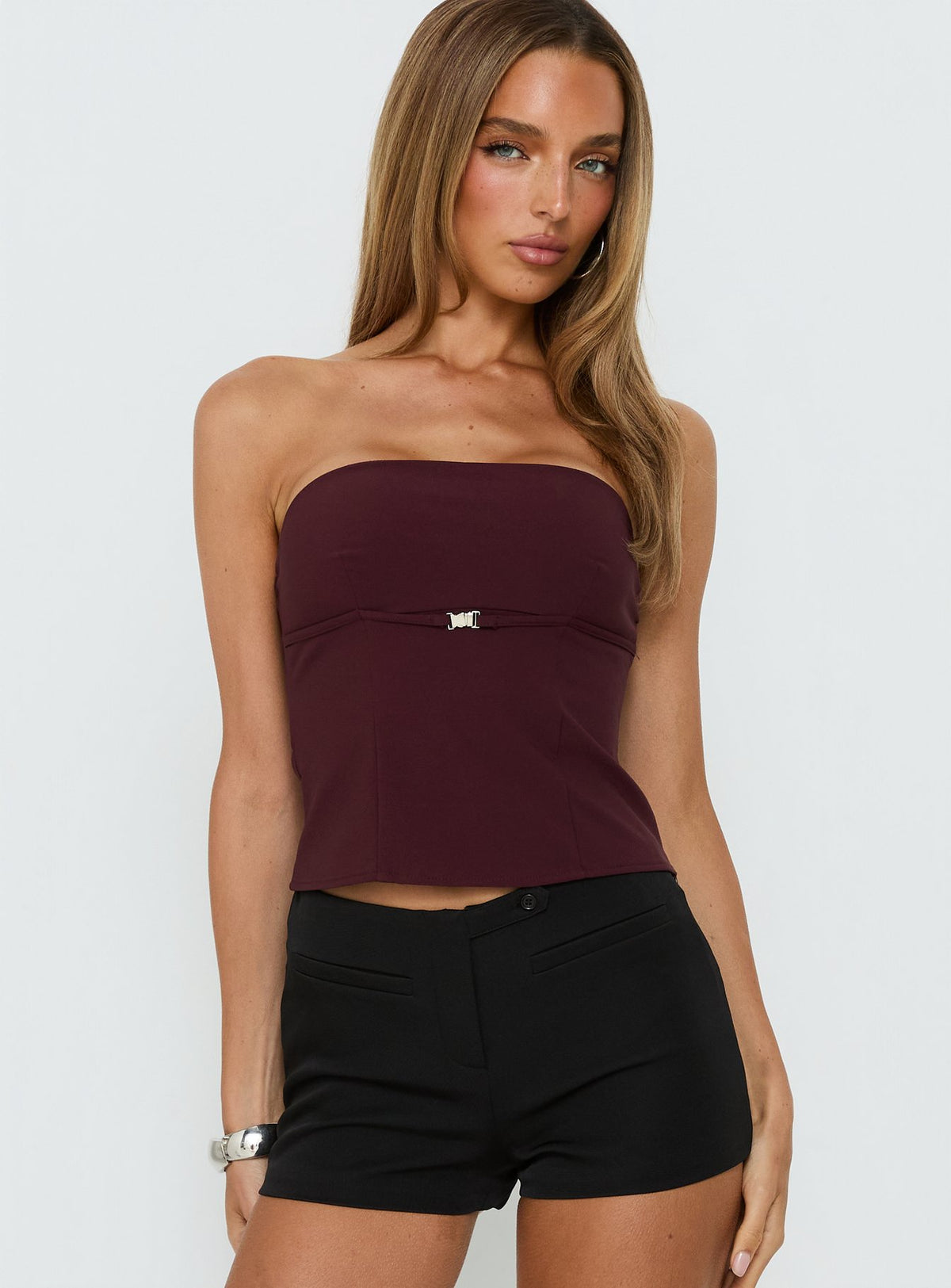 Flounce Strapless Top Plum