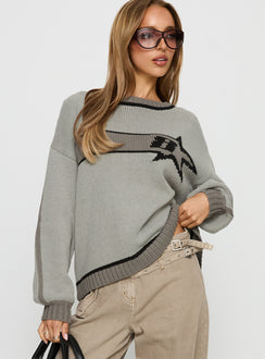 front view of model wearing Princess Polly Star Track Graphic Jumper Grey Longline Jumpers Jumpers 