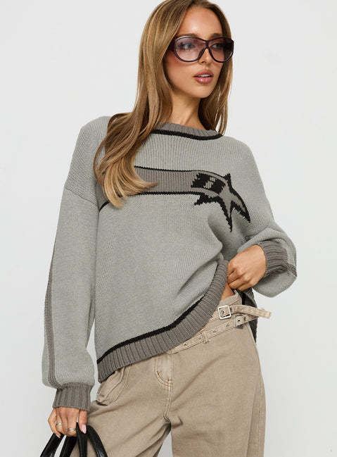 front view of model wearing Princess Polly Star Track Graphic Jumper Grey Longline Jumpers Jumpers 