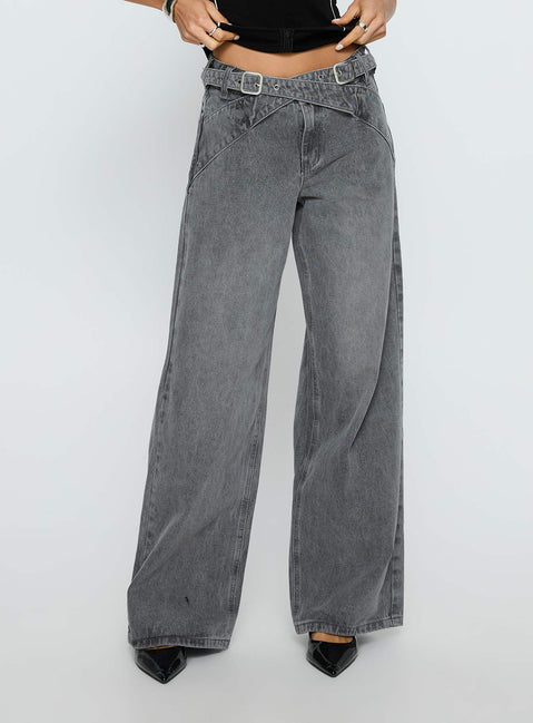 side view of model wearing Princess Polly Mckinley Mid Rise Wide Leg Jeans Washed Grey Mid Rise Jeans 
