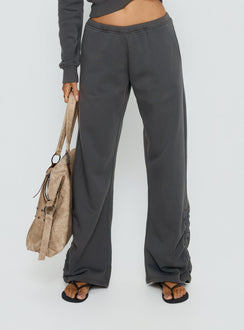 Showcasing Rylan Low Rise Joggers Grey womens-regular-pants with low-rise waist detail view of model wearing