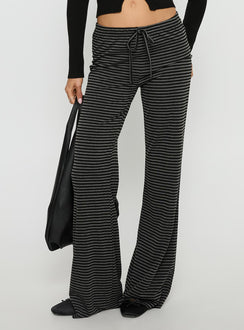 back view of model wearing Princess Polly Alfreda Jersey Pants Grey / Black Stripe Mid Rise Pants Pants 