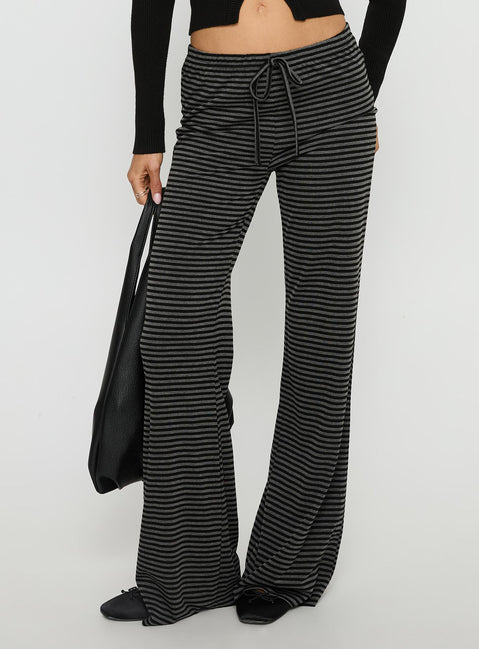 back view of model wearing Princess Polly Alfreda Jersey Pants Grey / Black Stripe Mid Rise Pants Pants 