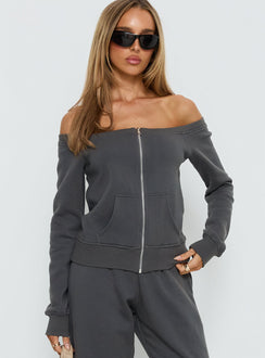 Featuring the Airazo Off Shoulder Zip Through Jumper Grey womens-jumpers with short length and oversized fit detail view of model wearing