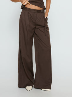 front view of model wearing Princess Polly Natilee Relaxed Tailored Pants Brown Pinstripe Low Rise Pants Pants 