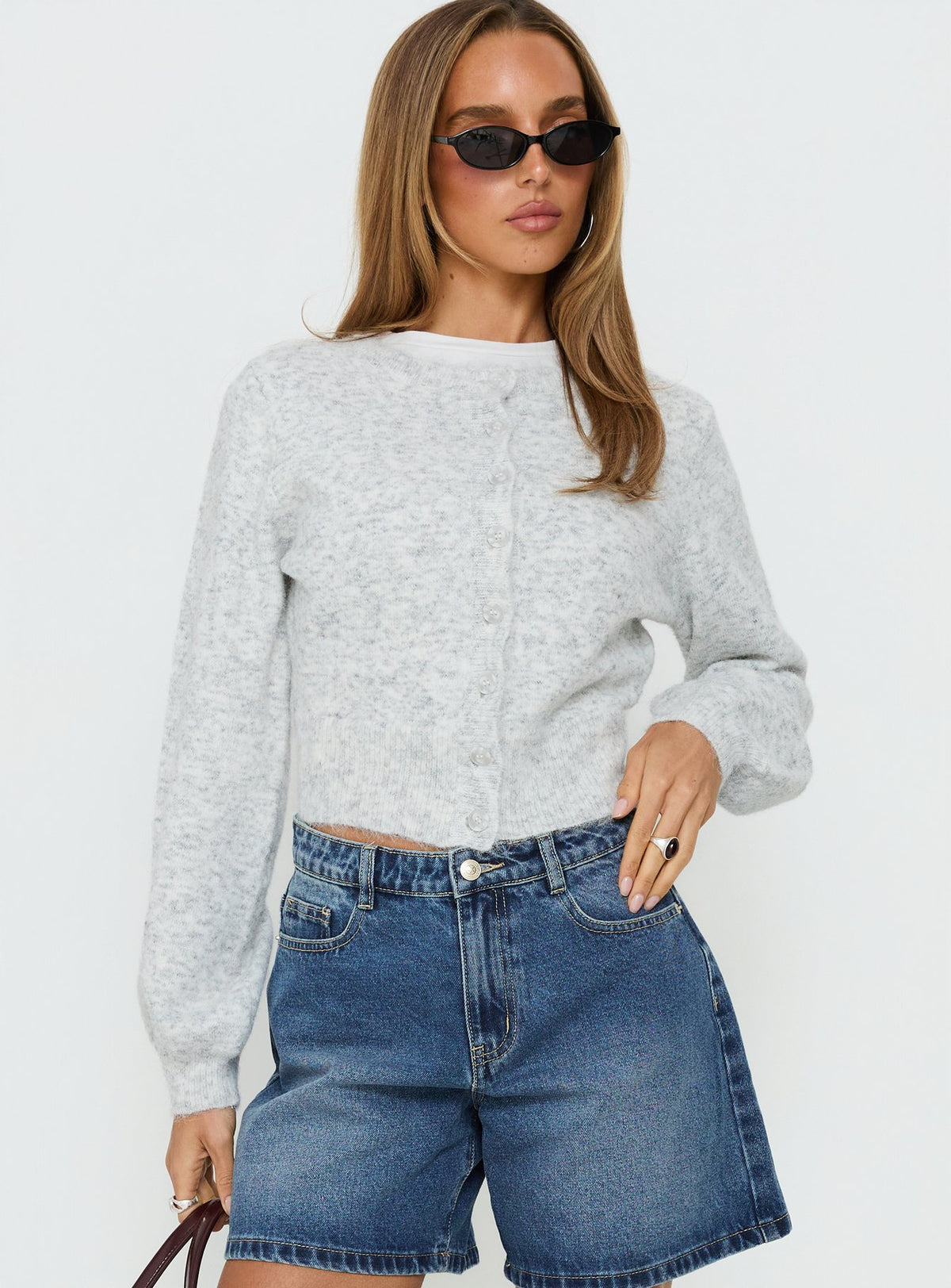 front view of model wearing Princess Polly Dawsen Button Down Cardigan Grey cropped Jumpers 