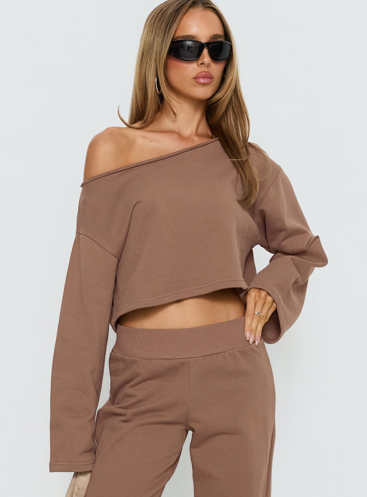 Retreat Raw Edge Off Shoulder Jumper Cocoa cropped Jumpers 