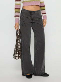 front view of model wearing Princess Polly Dolley Star Stitch Mid Rise Wide Leg Jean Grey Wash Mid Rise Jeans Jeans 