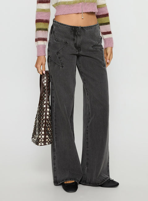 front view of model wearing Princess Polly Dolley Star Stitch Mid Rise Wide Leg Jean Grey Wash Mid Rise Jeans Jeans 