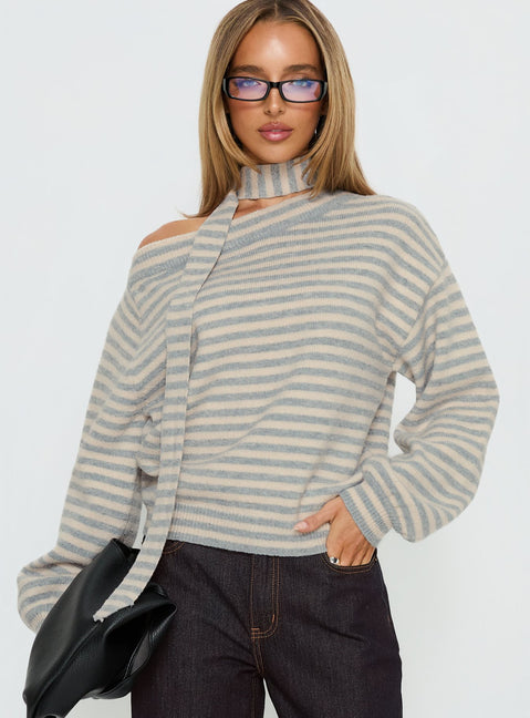 front view of model wearing Princess Polly Ruthi Scarf Off Shoulder Knit Sweater Neutral Stripe Jumpers 