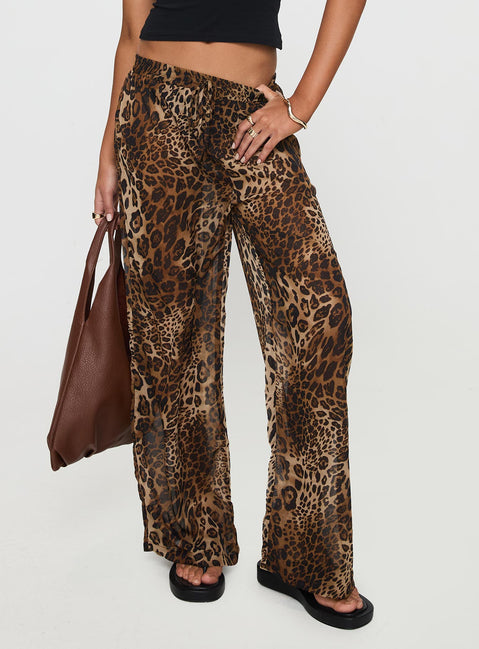 back view of model wearing Princess Polly Fyre Wide Leg Pant Leopard Petite Low Rise Pants Pants 