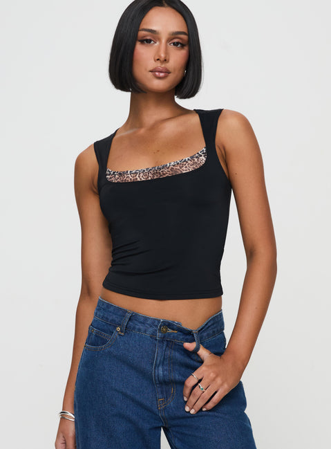 front view of model wearing Princess Polly Xandi Top Black Leopard Sleeveless Square Neck 