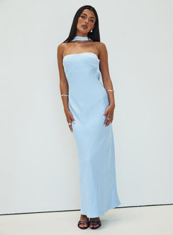front view of model wearing Princess Polly Legacies Strapless Maxi Dress Icy Blue Petite Straight Neck 