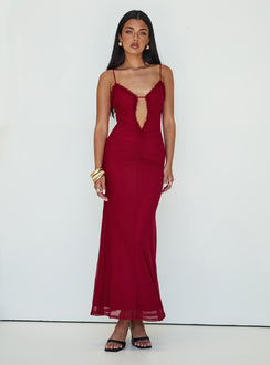 back view of model wearing Princess Polly Capisce Maxi Dress Red Petite Sweetheart Neckline 