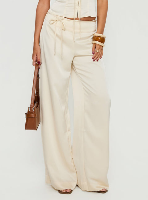 front view of model wearing Princess Polly Aubrette Satin Tie Pants Cream High Rise Pants 