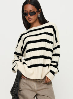 back view of model wearing Princess Polly Elenita Wide Neck Knit Sweater Black / White Longline Jumpers Jumpers 