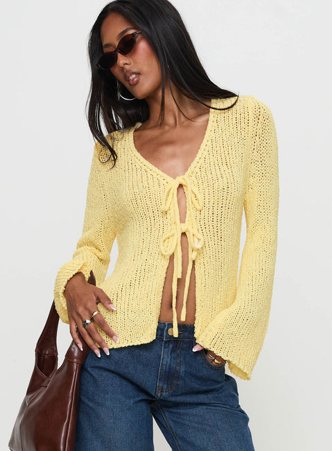 back view of model wearing Princess Polly Swain Knit Cardigan Lemon Jumpers 