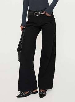 front view of model wearing Princess Polly Colemane Mid Rise Wide Leg Jeans Black High Rise Jeans Jeans 