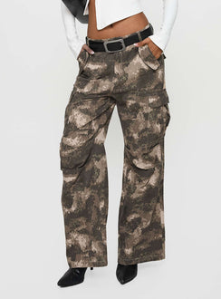 back view of model wearing Princess Polly Mischief Camo Pants Green Low Rise Pants Pants 