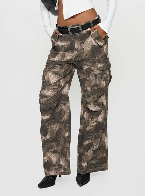 back view of model wearing Princess Polly Mischief Camo Pants Green Low Rise Pants Pants 