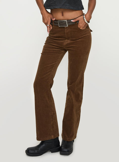 side view of model wearing Princess Polly Feature Pants Brown High Rise Pants Pants 