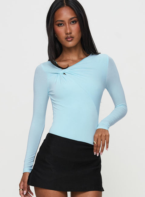 front view of model wearing Princess Polly Glorious Look Twist Detail Bodysuit Blue Long Sleeve Tops Bodysuit 